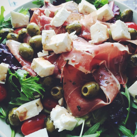 Prosciutto ham, feta cheese and olive salad
